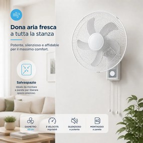 Ventilatore da Muro Ø43 cm 65W Raffrescatore Silenzioso 3 Velocità a Parete Bianco...