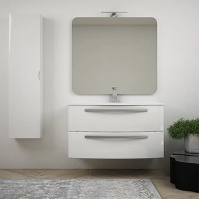 Mobile per bagno bianco lucido 100 cm sospeso bombato - Berlino con specchio filo lucido e colonna da 140 cm