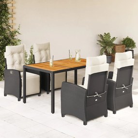Set da pranzo da giardino 5 pz nero con cuscini in polyrattan