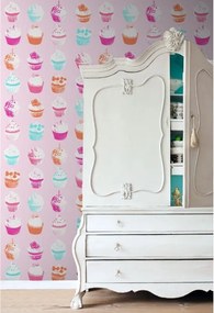 Carta da parati Cupcakes azzurro arancio fondo rosa, 46.5 cm x 8.37 m
