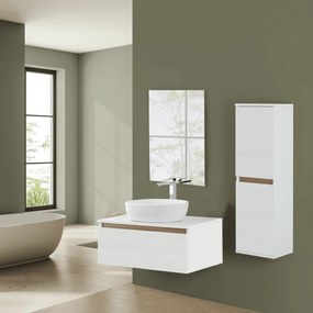 Mobile Bagno Sospeso 80 Cm Un Cassetto Specchio a Filo 80x60 Cm Feridras "Revital" Bianco Frassinato/Rovere