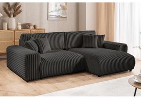 Divano angolare con penisola a destra grigio scuro e rivestimento in velluto a coste allungabile e con contenitore Sarina – Ropez