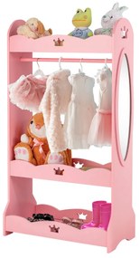 Costway Armadio con specchio e appendiabiti per bambini, Mobile organizer giocattoli e vestiti con disegni di corona Rosa