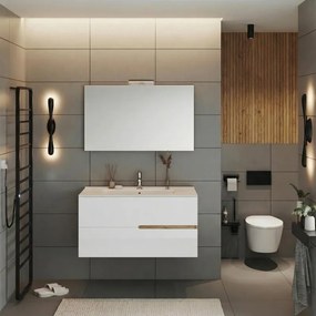 Composizione Eva 100 cm Rovere Naturale e Bianco Lucido, con due cassetti, lavabo in ceramica, specchiera e lampada LED