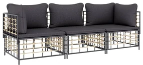 Set divani da giardino 3 pz con cuscini antracite in polyrattan