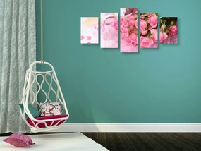 Quadri 5 pezzi – Bouquet romantico di rose rosa