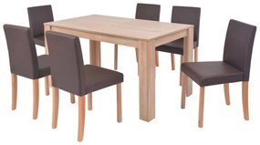 Sedie e tavolo pranzo 7 pz in pelle artificiale quercia marrone
