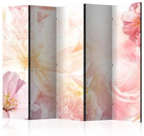Paravento separè Messaggio romantico II (5 parti) - collage vegetale nei toni del rosa