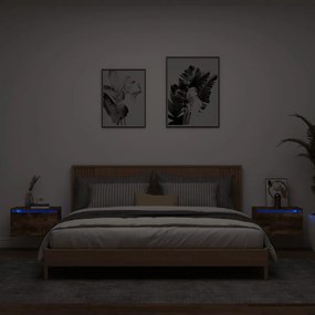 Comodini A Parete Con Luci Led 2 Pz Rovere Fumo /