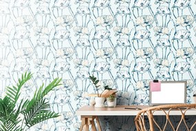 Carta da parati – Papaveri fioriti in versione blu-beige