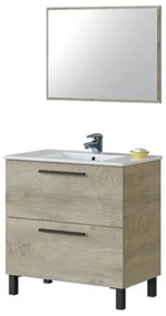 Mobile Bagno Completo Di Lavabo In Ceramica E Specchio Athena 80 Cm 2 Cassetti Rovere Alaska