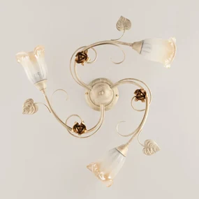 Plafoniera Classica Arte Povera 3 Luci Ferro Battuto Avorio e Oro Serie Cestino