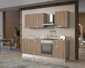 Cucina montata Dora rovere chiaro, lavello a sinistra, L 240 cm, completa di: cappa a camino, piano cottura a induzione, forno