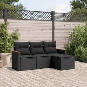 Set divani da giardino 4 pz con cuscini nero in polyrattan