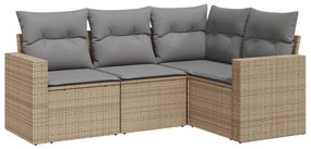 Set Divano da Giardino 4 pz con Cuscini Beige in Polyrattan