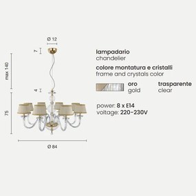 Lampada a sospensione BACH senza paralume in vetro trasparente 8 LUCI D84 cm ORO
