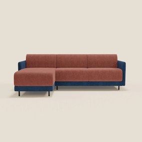 Narciso divano letto angolare con materasso alto 18 cm e penisola contenitore in tessuto bicolore impermeabile T11 e T06 blu - corallo