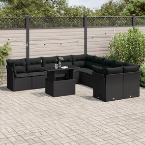 Set divani da giardino 11 pz con cuscini in polyrattan nero