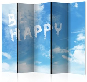 Paravento design Sii felice II (5-część) - citazione in inglese su sfondo cielo chiaro
