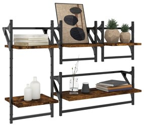 Set mensole parete con aste 4pz rovere fumo legno multistrato