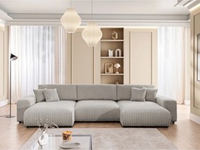 Divano angolare grigio chiaro allungabile/con contenitore (a U) rivestito in velluto a coste Sarina – Ropez