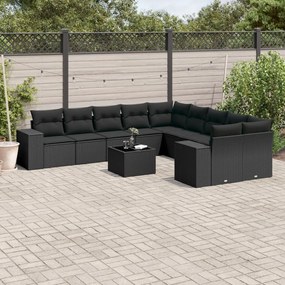 Set divani da giardino 11 pz con cuscini in polyrattan nero