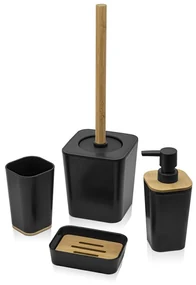 Set accessori bagno moderno in finitura nera opaca con dettagli in bambù