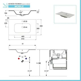 Mobile bagno sospeso 80 bianco cannettato doppi cassetto lavabo e specchio Wise