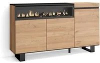 Credenza, Mobile soggiorno 150x87x35cm, 3 Porte, Camino elettrico, Design industriale, Stile moderno, Rovere e nero