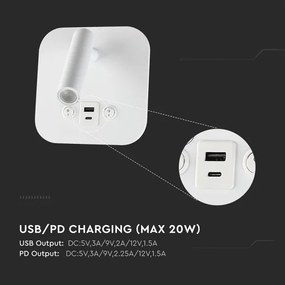 Spot da parete LED con porta USB, 8W, 230V, 3000K, bianco