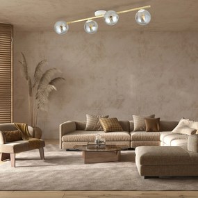 Plafoniera Contemporanea 4 Luci Eracle In Acciaio Oro/Bianco E Sfere Vetro Fumè