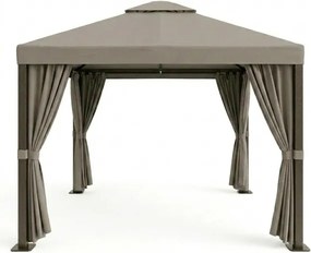 Gazebo In Alluminio 3x4 Con Tende Laterali Struttura Marrone Telo Tortora Romance