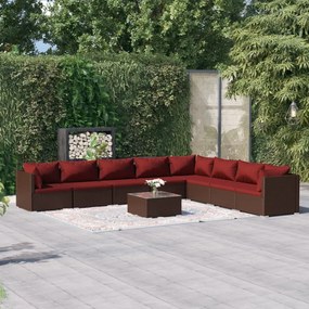 Set Divani da Giardino 9 pz con Cuscini in Polyrattan Marrone