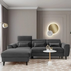 Divano angolare grigio scuro allungabile/con contenitore (con penisola a sinistra/con chaise lounge) e rivestimento in velluto Foble – ELTAP