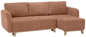 Divano letto angolare reversibile 3-4 posti in tessuto effetto velluto color terracotta e legno chiaro ROMANE