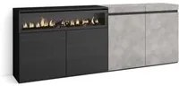 Credenza Mobile Cucina 200x75x35cmcon con 4 Porte Camino elettrico, Stile moderno colore Cemento