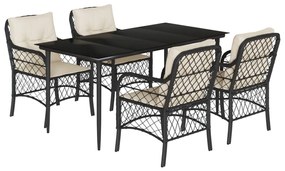 Set da pranzo da giardino 5 pz nero con cuscini in polyrattan