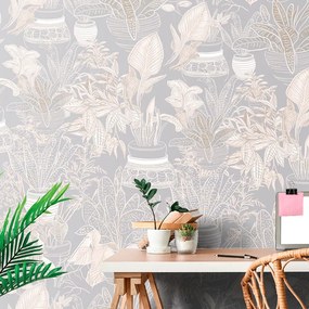 Carta da parati autoadesiva – Motivo botanico in tonalità grigio-beige
