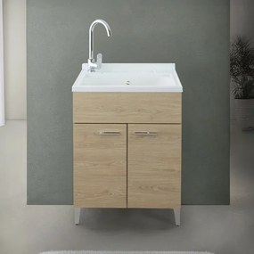 Mobile lavatoio 60x50 cm rovere con vasca in resina e asse lavapanni