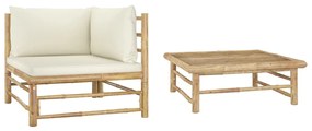 Set divani da giardino 2 pz con cuscini bianco crema in bambù