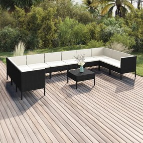 Set divani da giardino 11 pz con cuscini in polyrattan nero