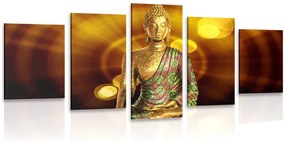 Quadri 5 pezzi – Statua di Buddha con sfondo astratto