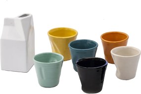 Set 6 Tazzine da caffè Accartocciati Multicolor con Lattiera Bianca in Gres Kaleidos...