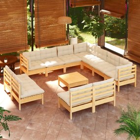 Set divani da giardino 12 pz con cuscini crema massello di pino