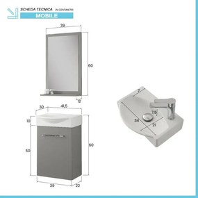 Mobiletto bagno sospeso 39 cm mini salvaspazio grigio 1 anta Elys