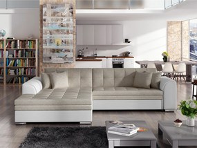 Divano letto matrimoniale angolare Brema - Ecopelle bianco+tessuto grigio perla