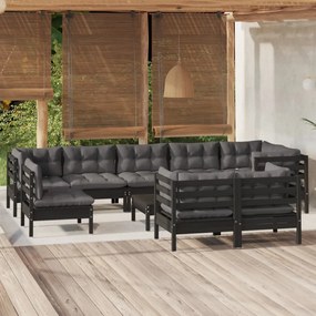 Set divani da giardino 10 pz con cuscini neri legno di pino