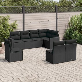 Set divani da giardino con cuscini 8 pz nero in polyrattan