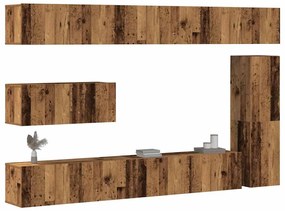 Set Mobile Tv 7 Pz Montato A Parete Legno Antico İn Truciolato /