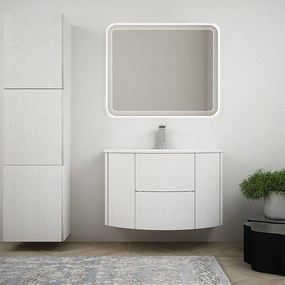 Composizione mobile da bagno Bianco frassino 90 cm sospeso bombato con specchio led e colonna da 170 cm